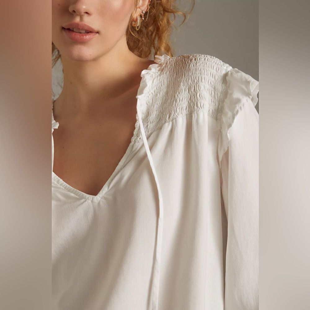 CLOTH & STONE X Anthropologie Smocked Ruffle Top WHITE NEW MEDIUM - Picture 4 of 6